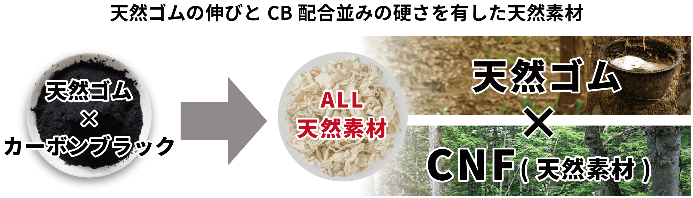 天然ゴムとカーボンブラックを組み合わせた材料を、すべて天然素材(ALL天然素材)に置き換えた図。天然ゴムとCNF(天然素材)を組み合わせた新たな材料が示されている。
