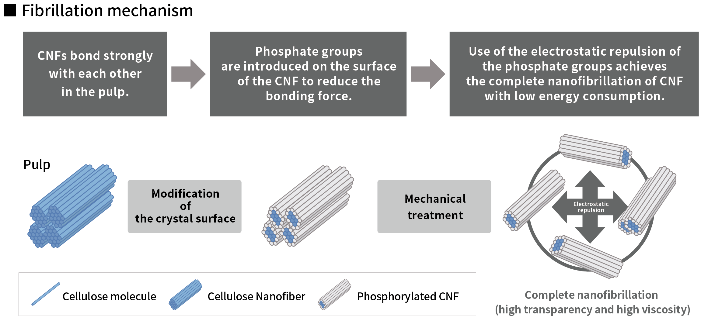 This figure shows the process of cellulose nanofiber (CNF) production. The process of modifying the crystal surface from pulp, introducing phosphate groups, and mechanical treatment using electrostatic repulsion to achieve complete nanofibers (high transparency and high viscosity) with little energy is described.
