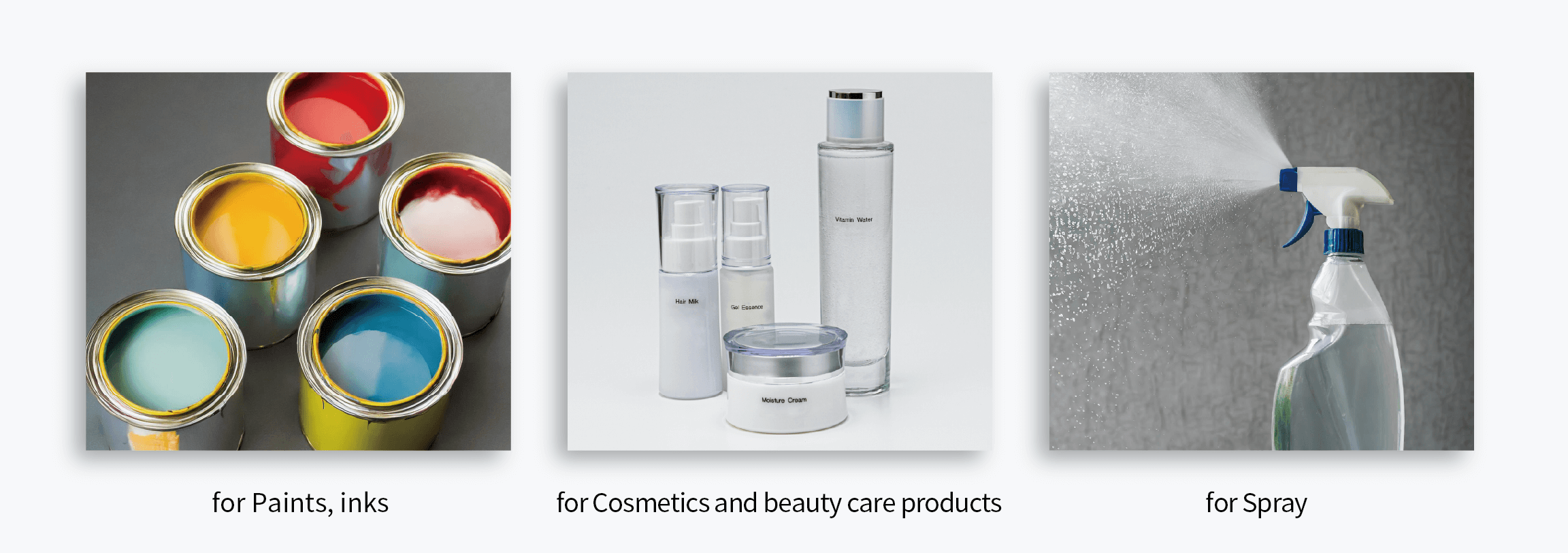 Images showing examples of cellulose nanofiber (CNF) applications. From left to right, CNF applications in paints, cosmetics, and spray products are shown.