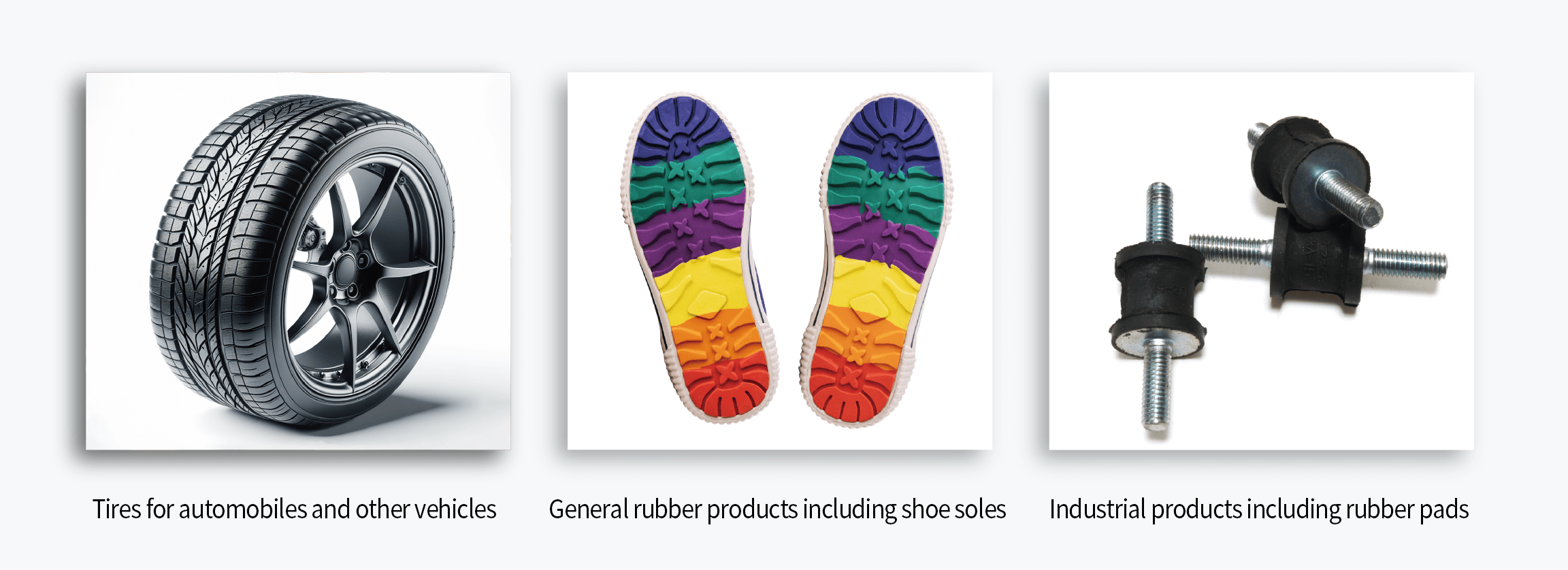 Images showing examples of natural rubber and CNF applications. Shown from left to right are automobile tires, general rubber products such as shoe soles, and industrial products such as anti-vibration rubber.