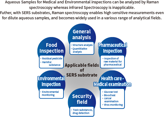 The figure shows the fields of use of SERS substrates. The center of the figure reads “Areas of Use of SERS Substrates,” and six applications are listed around it. They include general analytical applications, security fields, healthcare medical testing, pharmaceutical testing, food testing, and environmental testing, with specific analytical content (e.g., pathogen analysis, drug detection, pesticide residue, etc.) indicated for each application.