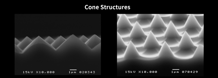 Electron microscope image of a conical structure. It shows a surface structure with conical protrusions arranged in a regular pattern.