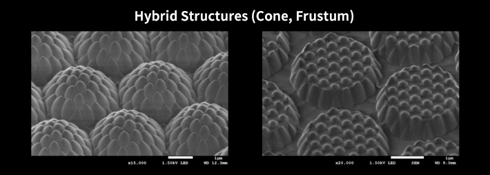 Electron microscope image of a composite structure. It shows the surface of a dense honeycomb of spherical structures.
