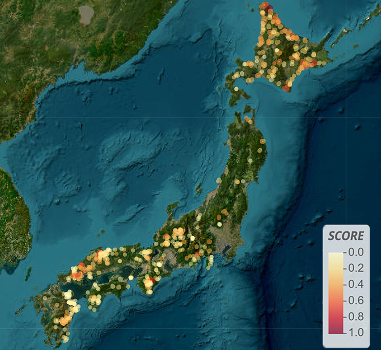 Satellite Image: Hokkaido shows the highest scores, followed by rising scores across the Chubu to Kansai regions, as well as in parts of the Chubu region and eastern Kyushu.