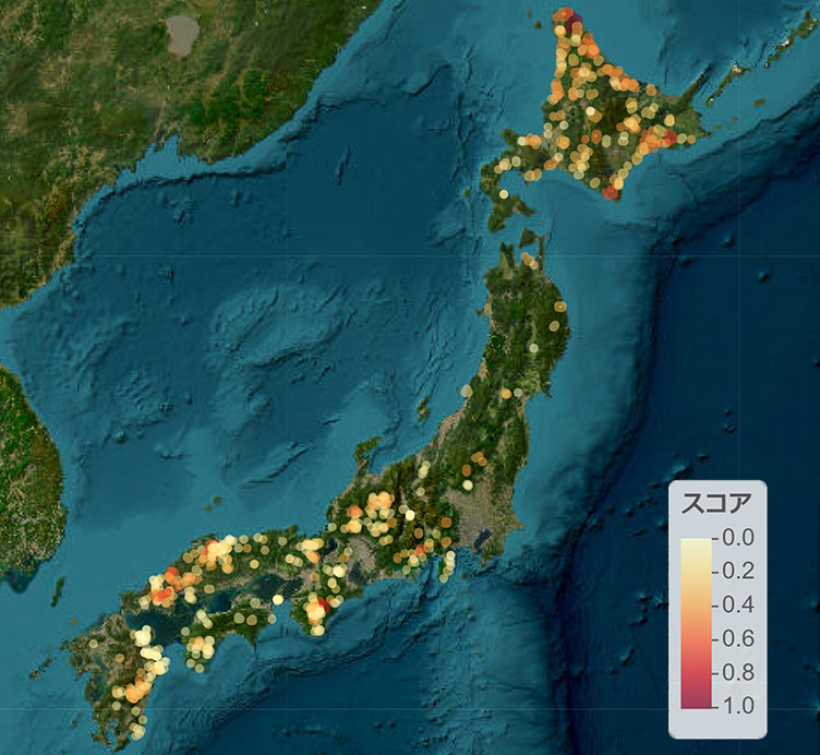 衛生写真: 北海道のスコアが高く、それに続き中部から関西全域、中部地方、東九州地方にもスコアの上昇が見られる