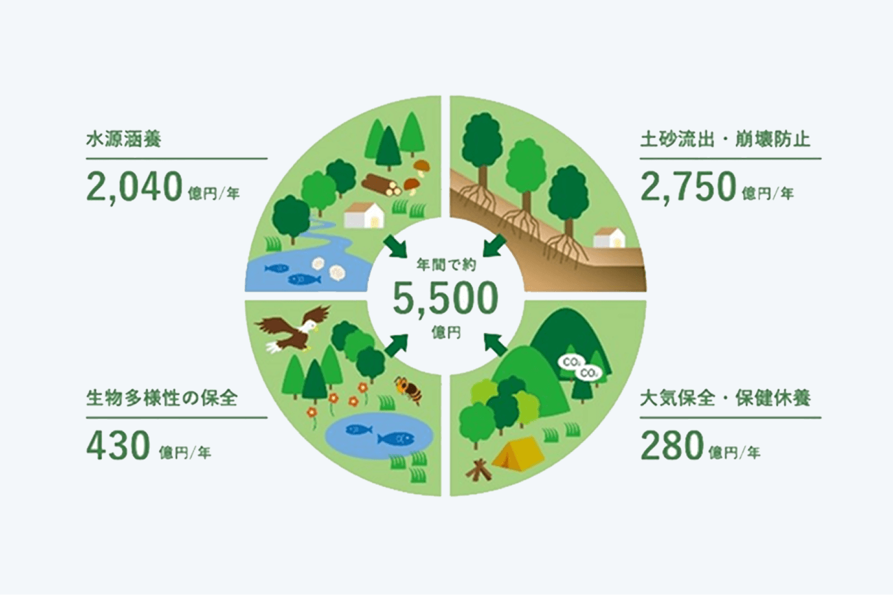 円グラフ: 年間の経済効果約5,500億円のうち、土波流出・崩壊防止が2,750億円、水源涵養が2,040億円、生物多様性の保全が430億円、大気保全・保健休養が280億円