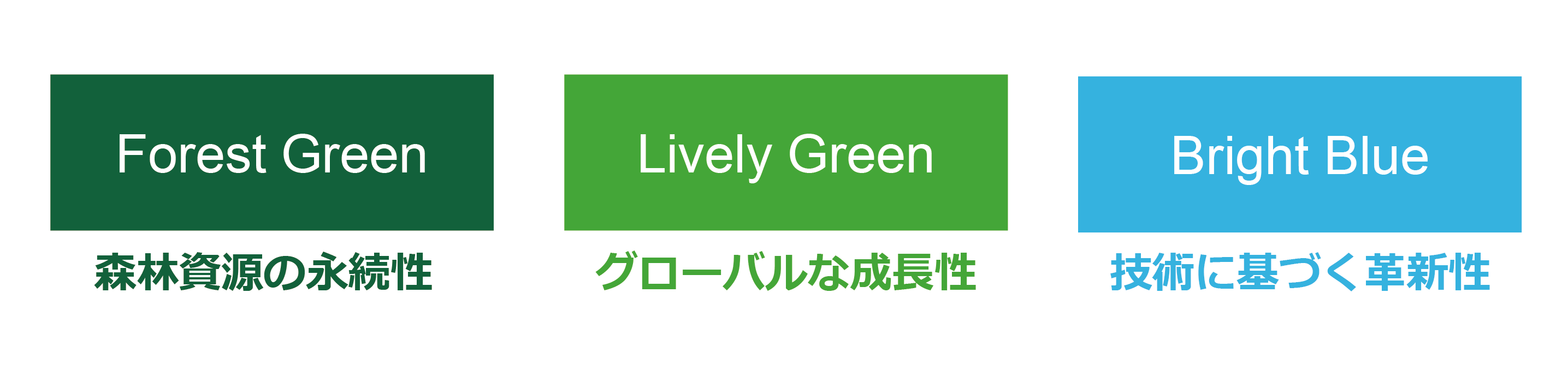 Forest Green:森林資源の永続性　Lively Green:グローバルな成長性　Bright Blue:技術に基づく革新性